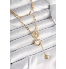 316L Çelik Gold Renk 2'Li Zincir Model Sallantı Detay Kadın Kolye - TJ-BKO9936