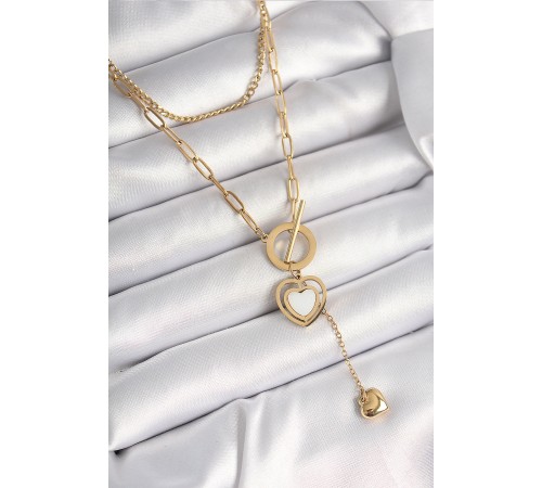 316L Çelik Gold Renk 2'Li Zincir Model Sallantı Detay Kadın Kolye - TJ-BKO9936