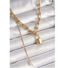 316L Çelik Gold Renk Zincir Model Kilit Figür Sallantı İnci Detay Kadın Kolye - TJ-BKO9938