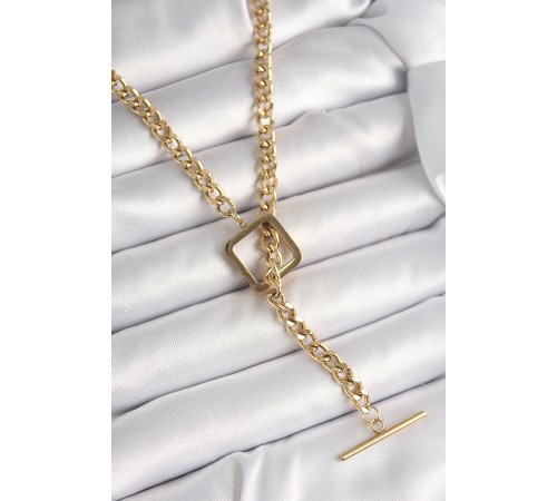 316L Çelik Gold Renk Zincir Model Kare Figür Kadın Kolye - TJ-BKO9939
