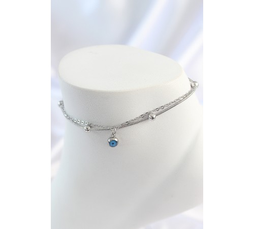 316L Çelik Gümüş Renk 2'Li Zincir Model Nazar Boncuk Figür Kadın Halhal - TJ-HH1638