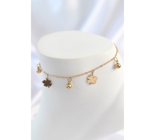 316L Çelik Gold Renk Sallantı Topçuk Yonca Model Kadın Halhal - TJ-HH1639