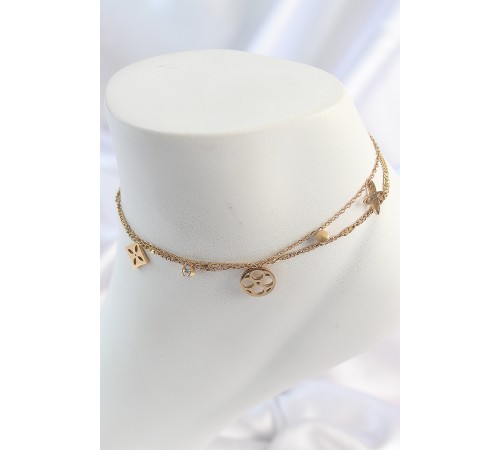 316L Çelik Gold Renk 2'Li Zincir Rüya Kapnı Figür Zirkon Taş Detay Kadın Halhal - TJ-HH1651