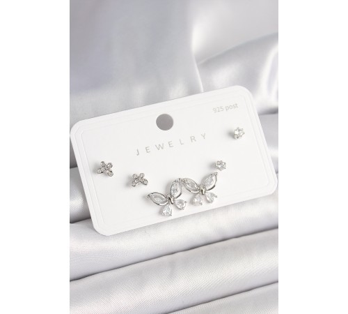 925 Ayar Gümüş Çivi Pirinç Gümüş Renk Zirkon Taşlı Model Kadın Küpe Seti - TJ-BKP10394