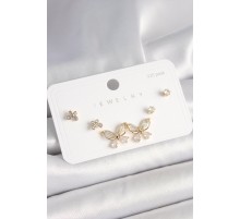 925 Ayar Çivi Gümüş Pirinç Gold Renk Zirkon Taşlı Model Kadın Küpe Seti - TJ-BKP10395
