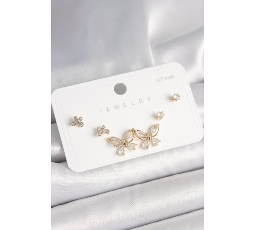 925 Ayar Çivi Gümüş Pirinç Gold Renk Zirkon Taşlı Model Kadın Küpe Seti - TJ-BKP10395