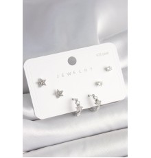 925 Ayar Gümüş Çivi Pirinç Gümüş Renk Zirkon Taşlı Yıldız Model Kadın Küpe Seti - TJ-BKP10396