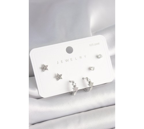 925 Ayar Gümüş Çivi Pirinç Gümüş Renk Zirkon Taşlı Yıldız Model Kadın Küpe Seti - TJ-BKP10396