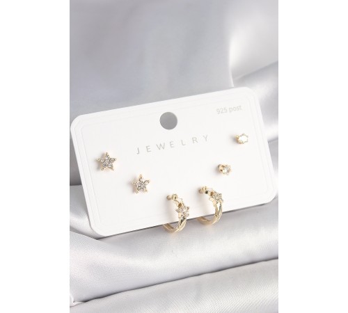 925 Ayar Çivi Pirinç Gold Renk Zirkon Taşlı Yıldız Model Kadın Küpe Seti - TJ-BKP10397