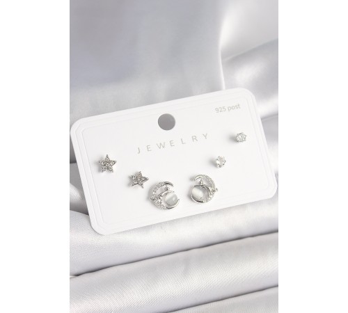 925 Ayar Gümüş Çivi Zirkon Taşlı Hilal Yıldız Model Kadın Küpe Seti - TJ-BKP10398