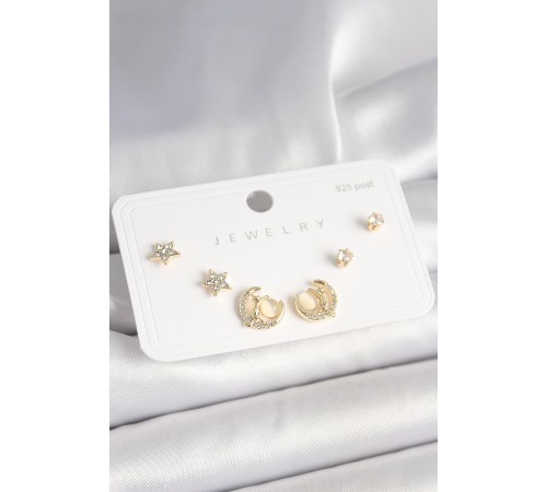 925 Ayar Gümüş Çivi Zirkon Taşlı Hilal Yıldız Model Kadın Küpe Seti - TJ-BKP10399