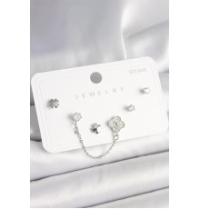 925 Ayar Gümüş Çivi Pirinç Gümüş Renk Zirkon Taşlı Yonca Model Sallantı Zincir Detay Kadın Küpe Seti - TJ-BKP10400