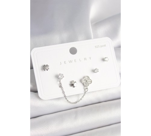 925 Ayar Gümüş Çivi Pirinç Gümüş Renk Zirkon Taşlı Yonca Model Sallantı Zincir Detay Kadın Küpe Seti - TJ-BKP10400