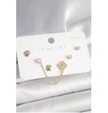 925 Ayar Gümüş Çivi Pirinç Gold Renk Zirkon Taşlı Yonca Model Sallantı Zincir Detay Kadın Küpe Seti - TJ-BKP10401