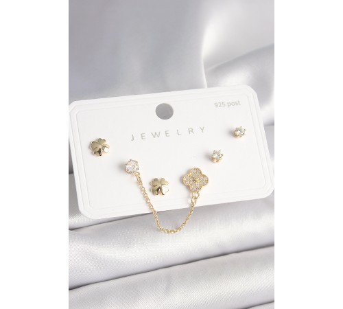 925 Ayar Gümüş Çivi Pirinç Gold Renk Zirkon Taşlı Yonca Model Sallantı Zincir Detay Kadın Küpe Seti - TJ-BKP10401