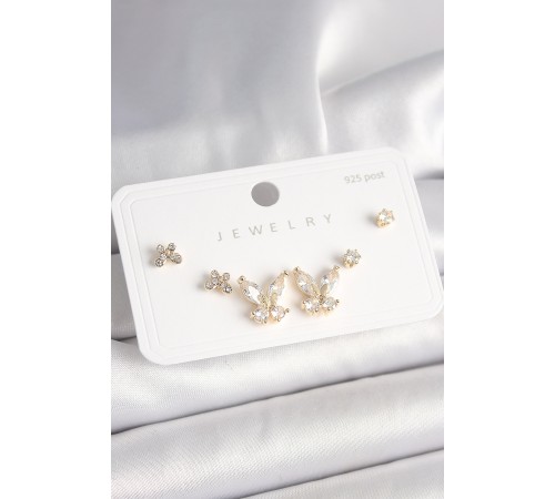 925 Ayar Gümüş Çivi Pirinç Gold Renk Zirkon Taşlı Model Kadın Küpe Seti - TJ-BKP10403