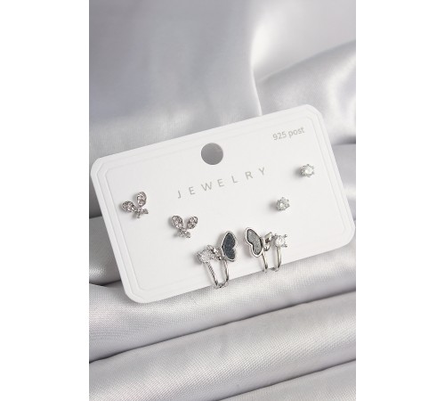 925 Ayar Gümüş Çivi Pirinç Gümüş Renk Zirkon Taşlı Model Kadın Küpe Seti - TJ-BKP10404