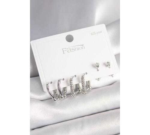 925 Ayar Gümüş Çivi Pirinç Gümüş Renk Zirkon Taşlı Halka Model Kadın Küpe Seti - TJ-BKP10406