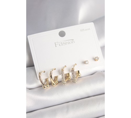 925 Ayar Gümüş Çivi Pirinç Gold Renk Halka Model Kadın Küpe Seti - TJ-BKP10407