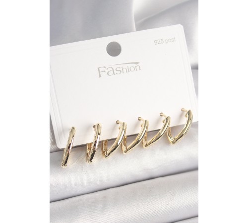 925 Ayar Gümüş Çivi Pirinç Gold Renk Üçgen Model Kadın Küpe Seti - TJ-BKP10415