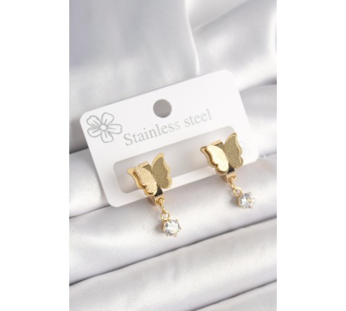 316L Çelik Gold Renk Sallantı Zirkon Taş Detaylı Simli Model Kadın Küpe - TJ-BKP10420