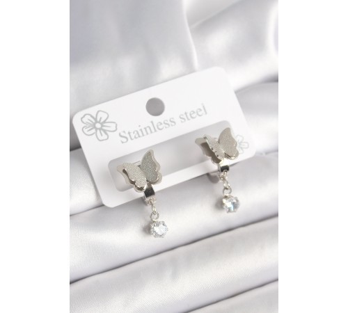 316L Çelik Gümüş Renk Sallantı Zirkon Taşlı Simli Model Kadın Küpe - TJ-BKP10421