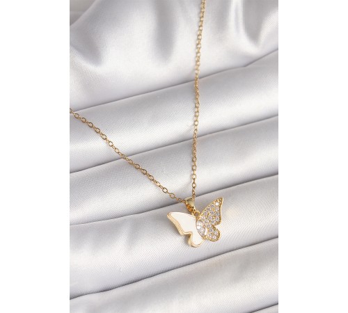 316L Çelik Gold Renk Zincir Zirkon Taşlı Beyaz Mineli Model Kadın Kolye - TJ-BKO9940
