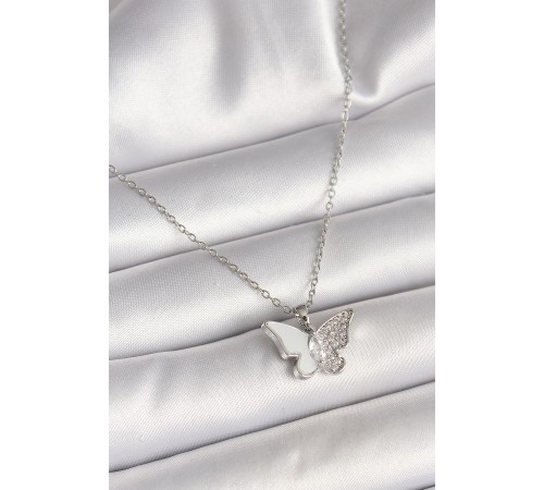 316L Çelik Gümüş Renk Zincir Zirkon Taşlı Beyaz Mineli Model Kadın Kolye - TJ-BKO9941