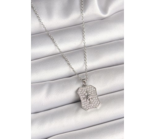 316L Çelik Gümüş Renk Zincir Zirkon Taşlı Kutup Yıldız İşlemeli Madalyon Model Kadın Kolye - TJ-BKO9943