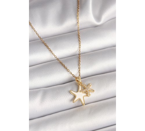 316L Çelik Gold Renk Zincir Zirkon Taşlı Beyaz Mineli Deniz Yıldızı Model Kadın Kolye - TJ-BKO9944