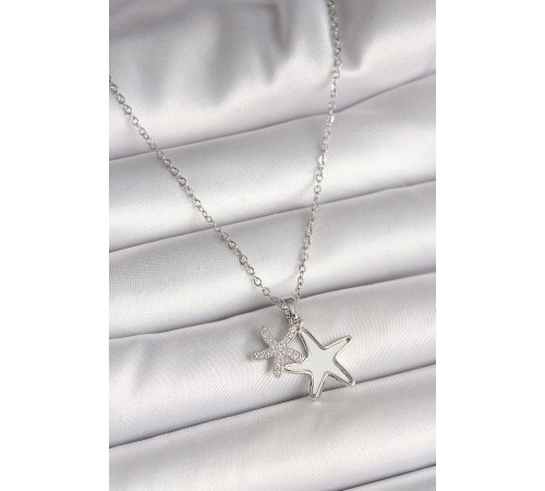 316L Çelik Gümüş Renk Zincir Zirkon Taşlı Beyaz Mineli Deniz Yıldız Model Kadın Kolye - TJ-BKO9945