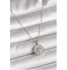 316L Çelik Gümüş Renk Zincir Zirkon Taşlı Kalp İşlemeli Madalyon Model Kadın Kolye - TJ-BKO9947