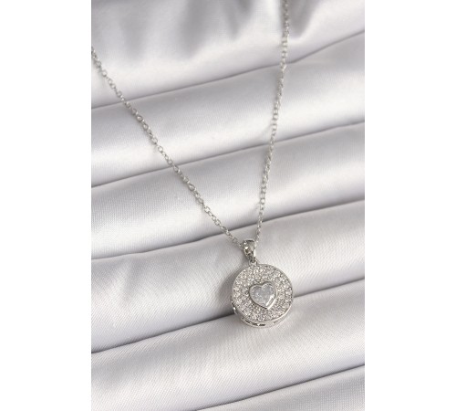316L Çelik Gümüş Renk Zincir Zirkon Taşlı Kalp İşlemeli Madalyon Model Kadın Kolye - TJ-BKO9947