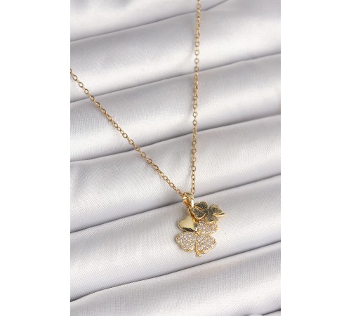 316L Çelik Gold Renk Zincir Sallantı Zirkon Taşlı Yonca Model Kadın Kolye - TJ-BKO9948