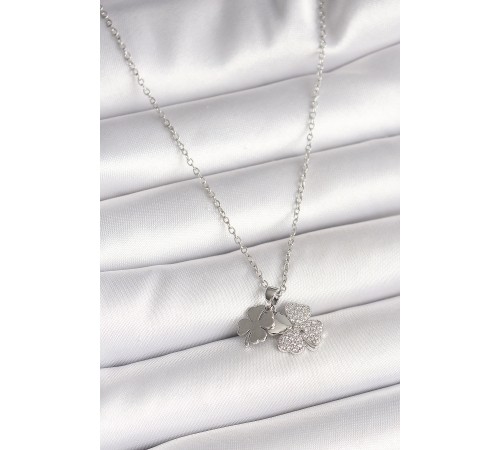 316L Çelik Gümüş Renk Zincir Sallantı Zirkon Taşlı Yonca Model Kadın Kolye - TJ-BKO9949