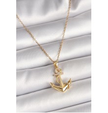 316L Çelik Gold Renk Zincir Zirkon Taş Detaylı Çapa Model Kadın Kolye - TJ-BKO9950