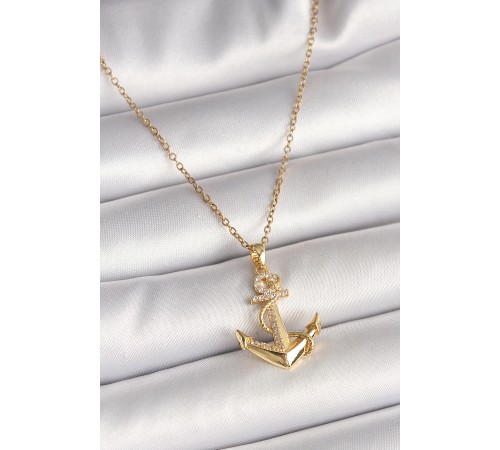 316L Çelik Gold Renk Zincir Zirkon Taş Detaylı Çapa Model Kadın Kolye - TJ-BKO9950