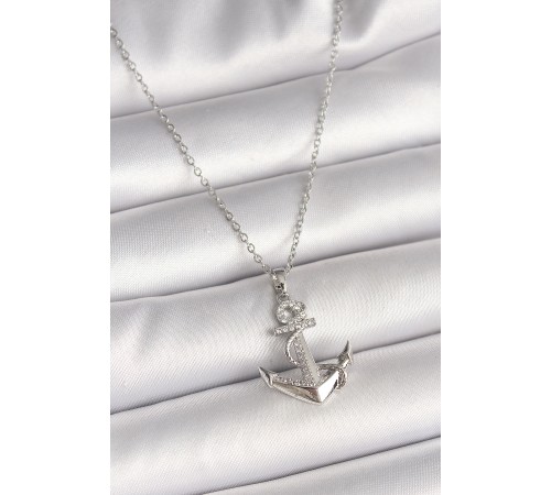 316L Çelik Gümüş Renk Zincir Zirkon Taş Detaylı Çapa Model Kadın Kolye - TJ-BKO9951