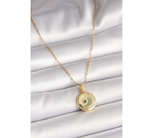 316L Çelik Gold Renk Zincir Zirkon Taş İşlemeli Hilal Yıldız İşlemeli Madalyon Model Kadın Kolye - TJ-BKO9952