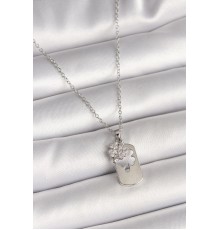 316L Çelik Gümüş Renk Zincir Zirkon Taşlı Yonca Model Kadın Kolye - TJ-BKO9955