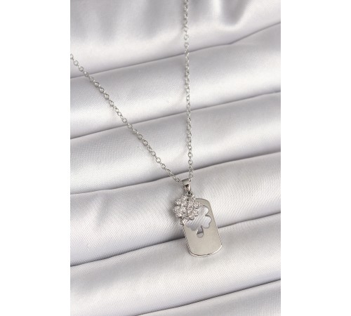 316L Çelik Gümüş Renk Zincir Zirkon Taşlı Yonca Model Kadın Kolye - TJ-BKO9955