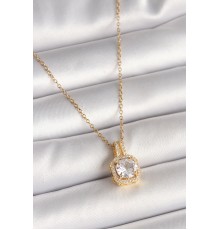 316L Çelik Gold Renk Zincir Zirkon Taşlı Kare Model Kadın Kolye - TJ-BKO9956