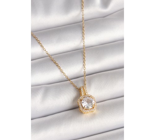 316L Çelik Gold Renk Zincir Zirkon Taşlı Kare Model Kadın Kolye - TJ-BKO9956