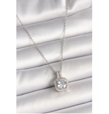 316L Çelik Gümüş Renk Zincir Zirkon Taşlı Kare Model Kadın Kolye - TJ-BKO9957