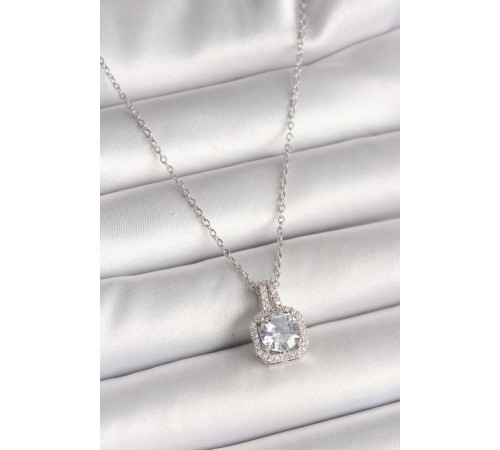 316L Çelik Gümüş Renk Zincir Zirkon Taşlı Kare Model Kadın Kolye - TJ-BKO9957