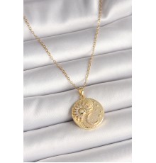 316L Çelik Gold Renk Zincir Zirkon Taşlı Ay Güneş İşlemeli Madalyon Model Kadın Kolye - TJ-BKO9958