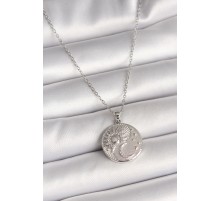 316L Çelik Gümüş Renk Zincir Zirkon Taşlı Ay Güneş İşlemeli Madalyon Model Kadın Kolye - TJ-BKO9959