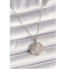 316L Çelik Gümüş Renk Zincir Zirkon Taşlı Ay Güneş İşlemeli Madalyon Model Kadın Kolye - TJ-BKO9959