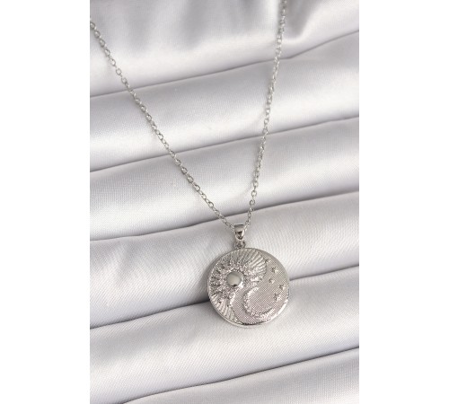 316L Çelik Gümüş Renk Zincir Zirkon Taşlı Ay Güneş İşlemeli Madalyon Model Kadın Kolye - TJ-BKO9959