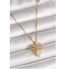 316L Çelik Gold Renk Zincir Zirkon Taşlı Kurdele Model Kadın Kolye - TJ-BKO9960